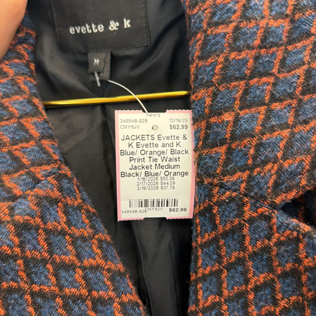 Evette and K Blue/ Orange/ Black Print Tie Waist Jacket Medium