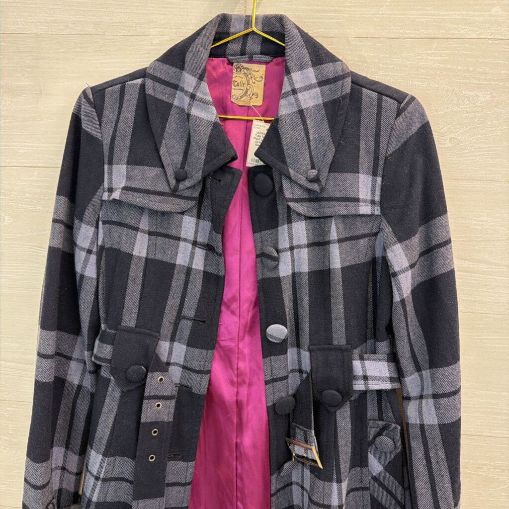 Tulle Navy/ Blue Plaid Long Belted Jacket Medium