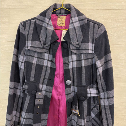 Tulle Navy/ Blue Plaid Long Belted Jacket Medium