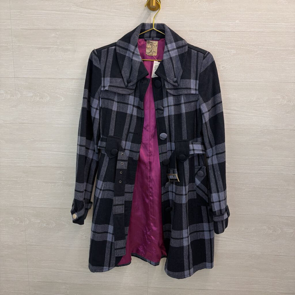 Tulle Navy/ Blue Plaid Long Belted Jacket Medium