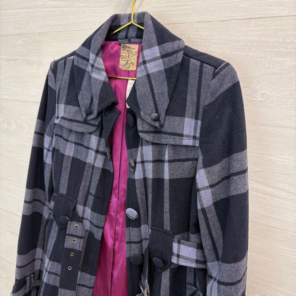 Tulle Navy/ Blue Plaid Long Belted Jacket Medium