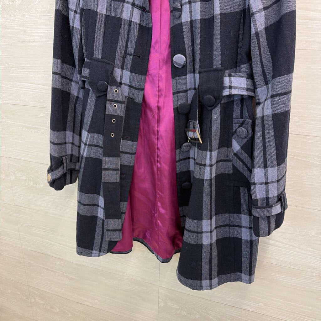 Tulle Navy/ Blue Plaid Long Belted Jacket Medium