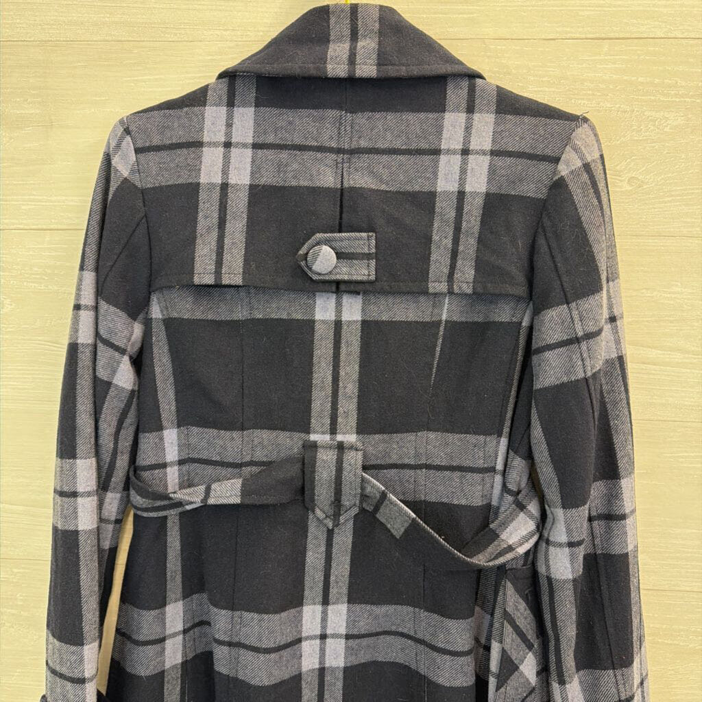 Tulle Navy/ Blue Plaid Long Belted Jacket Medium