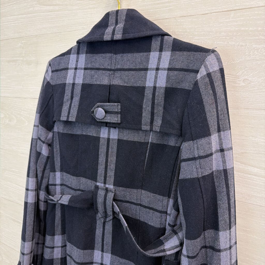 Tulle Navy/ Blue Plaid Long Belted Jacket Medium