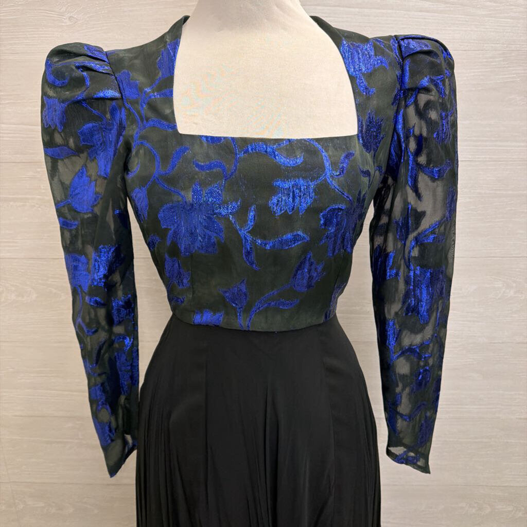 Vintage Black/ Metallic Blue Print Long Sleeve Top Chiffon Skirt Long Formal Dress Small