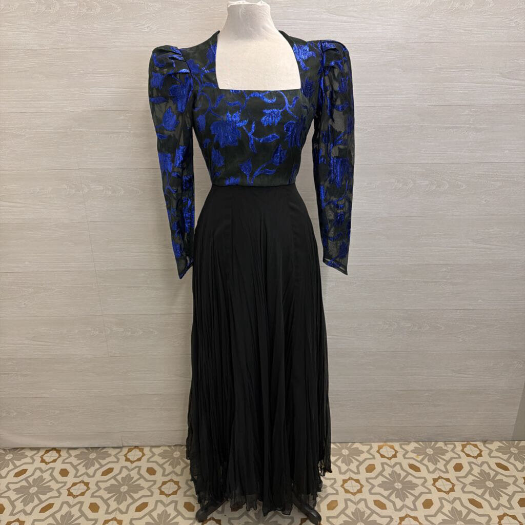 Vintage Black/ Metallic Blue Print Long Sleeve Top Chiffon Skirt Long Formal Dress Small
