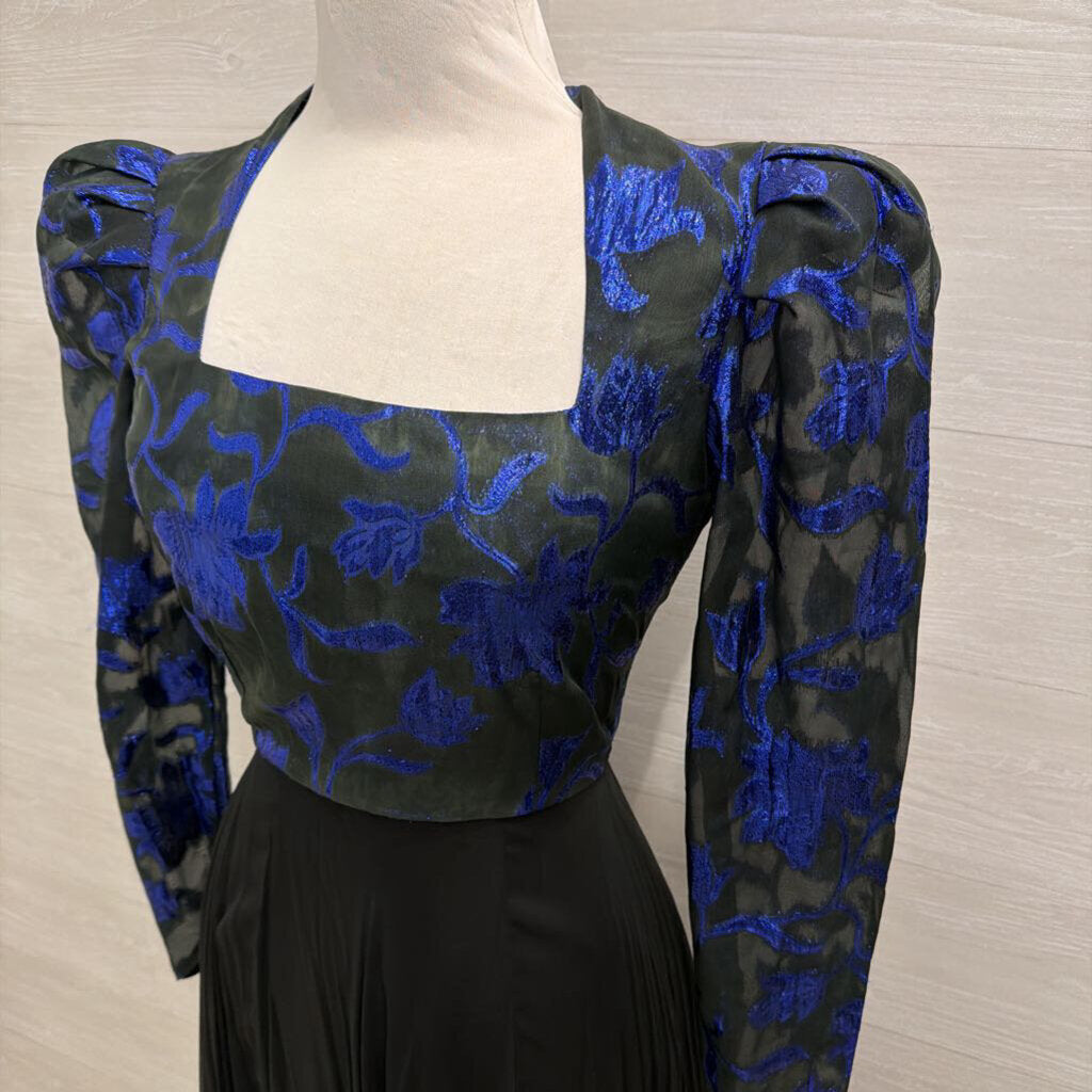 Vintage Black/ Metallic Blue Print Long Sleeve Top Chiffon Skirt Long Formal Dress Small