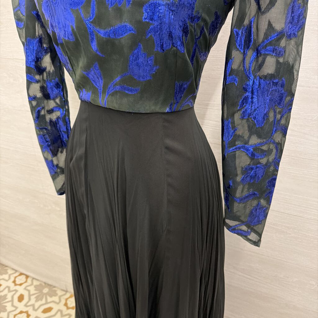 Vintage Black/ Metallic Blue Print Long Sleeve Top Chiffon Skirt Long Formal Dress Small