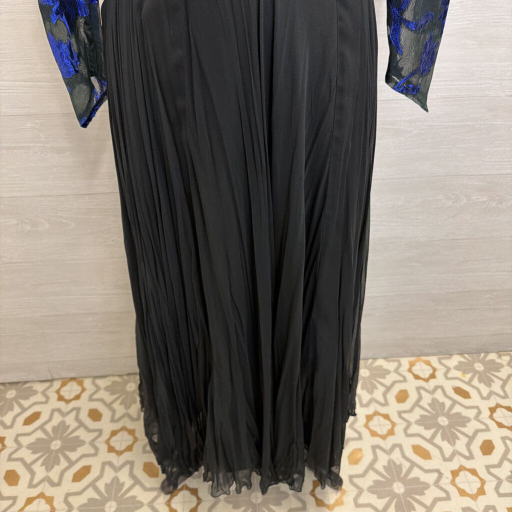 Vintage Black/ Metallic Blue Print Long Sleeve Top Chiffon Skirt Long Formal Dress Small