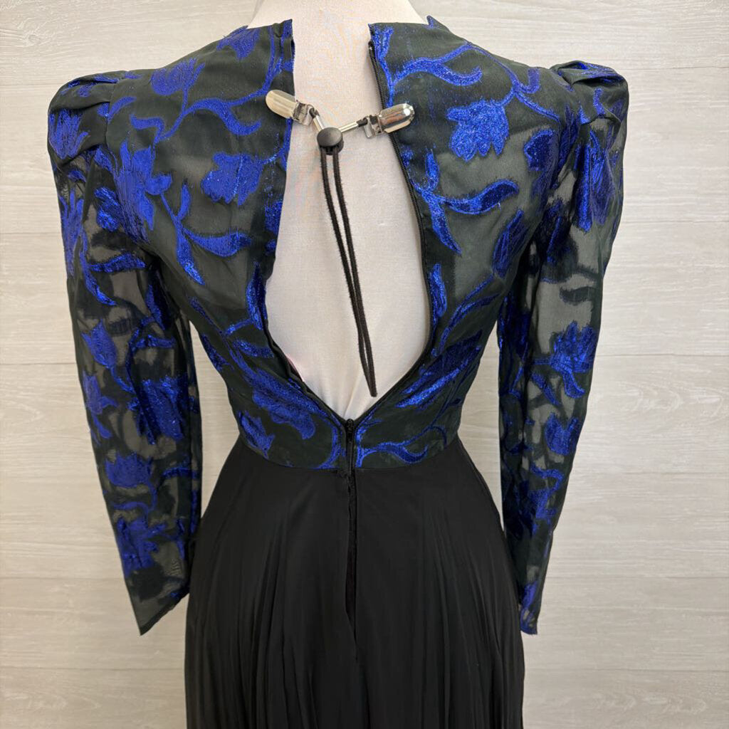 Vintage Black/ Metallic Blue Print Long Sleeve Top Chiffon Skirt Long Formal Dress Small