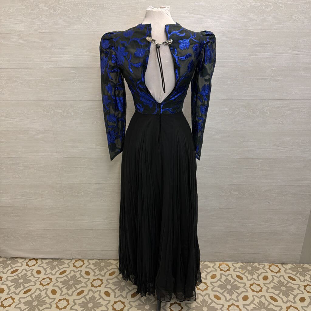 Vintage Black/ Metallic Blue Print Long Sleeve Top Chiffon Skirt Long Formal Dress Small