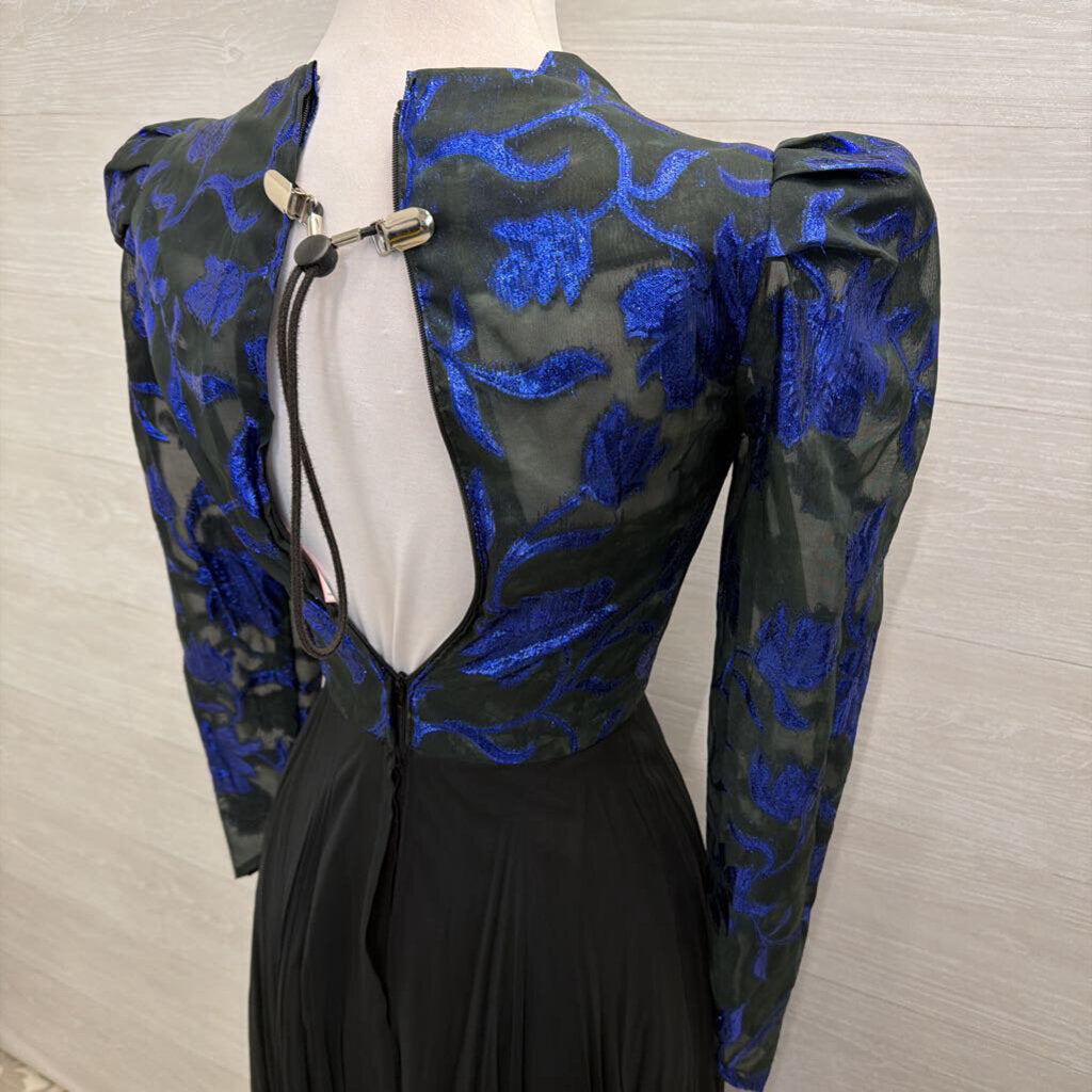 Vintage Black/ Metallic Blue Print Long Sleeve Top Chiffon Skirt Long Formal Dress Small