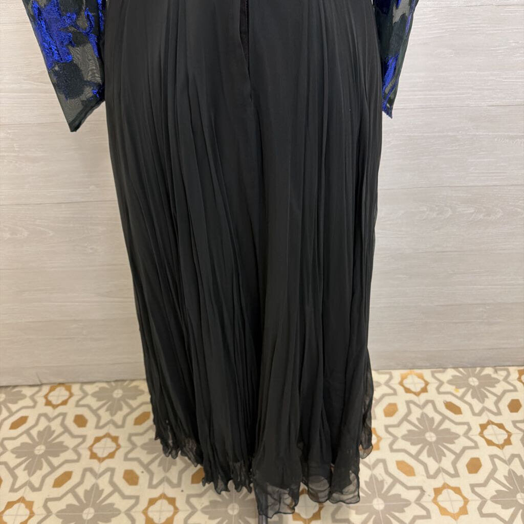 Vintage Black/ Metallic Blue Print Long Sleeve Top Chiffon Skirt Long Formal Dress Small