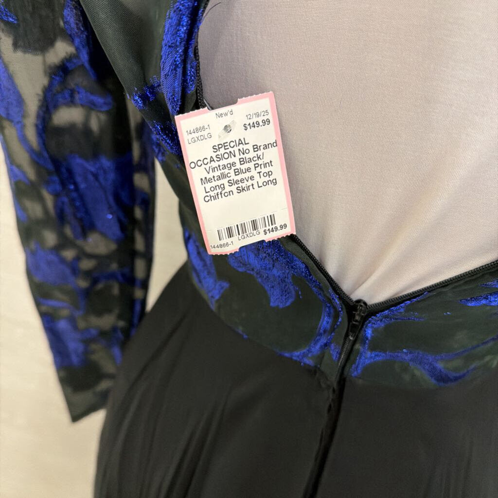 Vintage Black/ Metallic Blue Print Long Sleeve Top Chiffon Skirt Long Formal Dress Small
