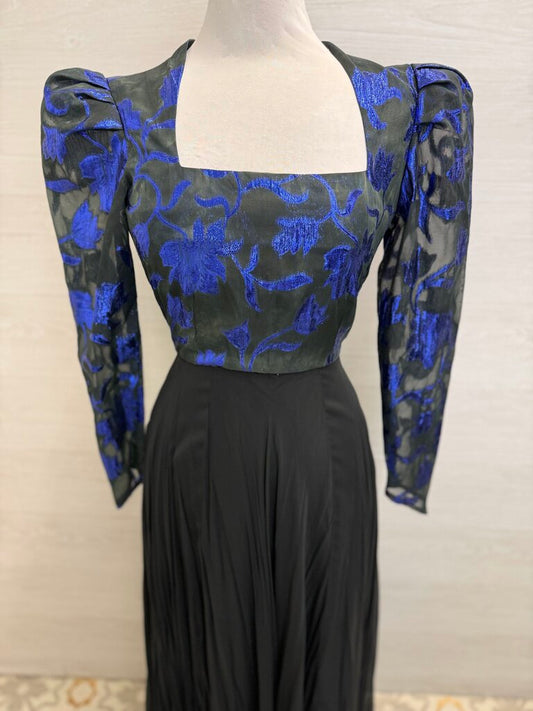 Vintage Black/ Metallic Blue Print Long Sleeve Top Chiffon Skirt Long Formal Dress Small