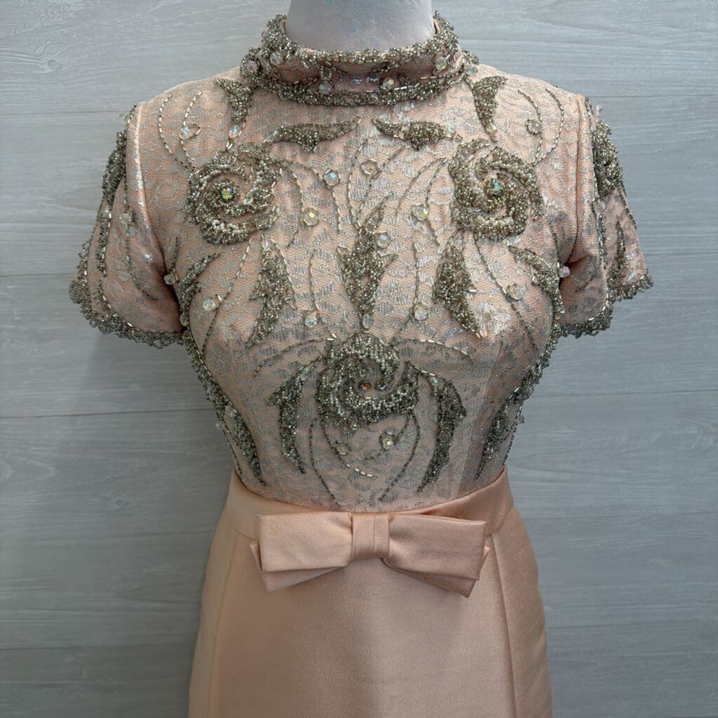 Vintage Pale Pink Beaded Short Sleeve Mock Neck Midi Formal Dress Small