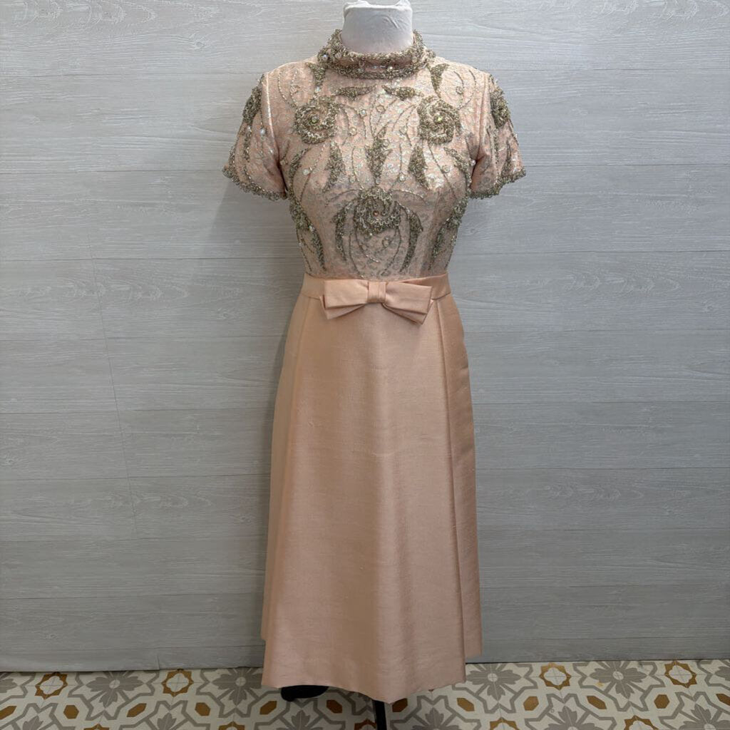 Vintage Pale Pink Beaded Short Sleeve Mock Neck Midi Formal Dress Small