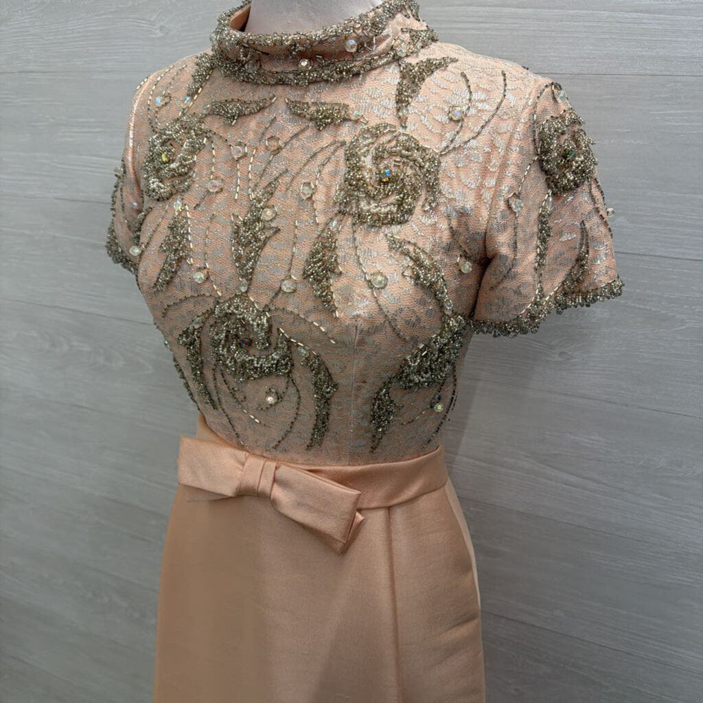 Vintage Pale Pink Beaded Short Sleeve Mock Neck Midi Formal Dress Small