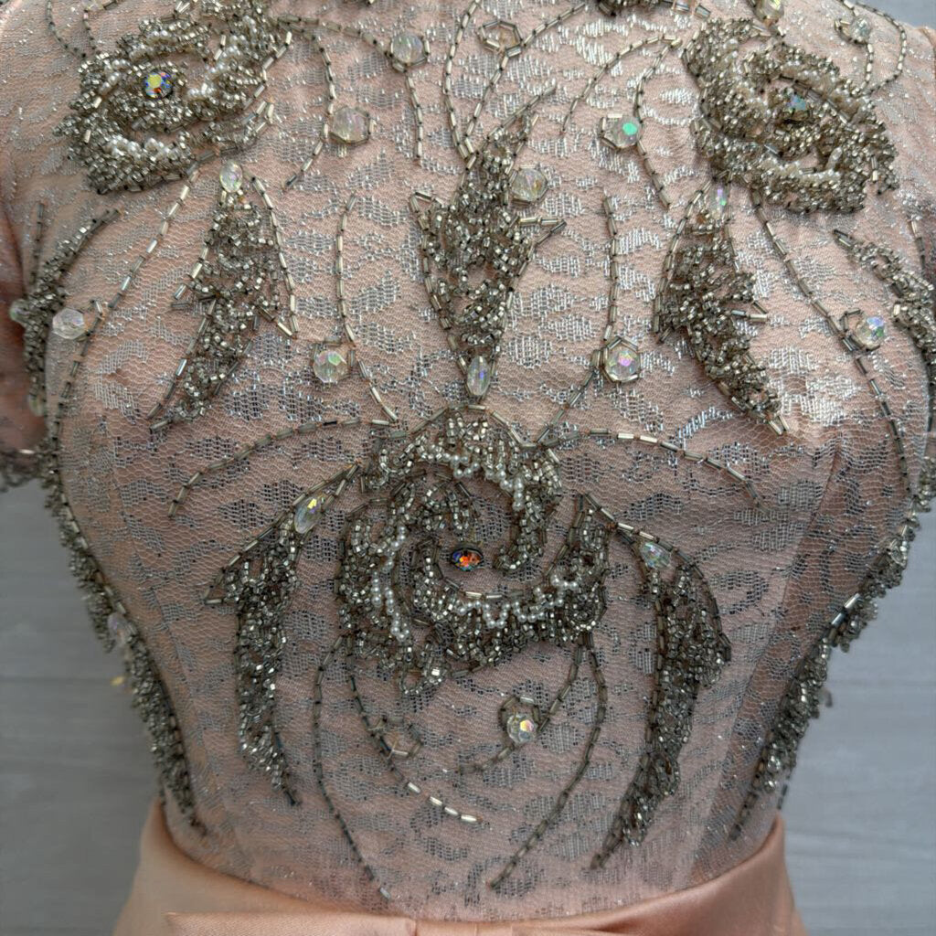 Vintage Pale Pink Beaded Short Sleeve Mock Neck Midi Formal Dress Small