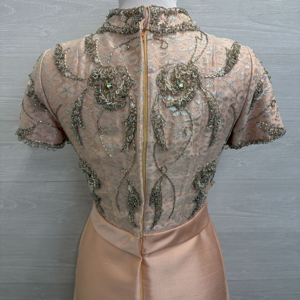 Vintage Pale Pink Beaded Short Sleeve Mock Neck Midi Formal Dress Small