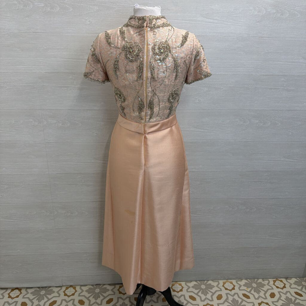 Vintage Pale Pink Beaded Short Sleeve Mock Neck Midi Formal Dress Small