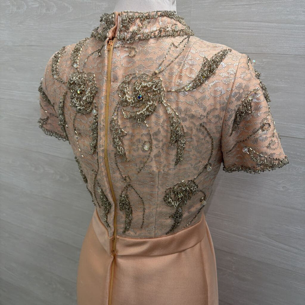 Vintage Pale Pink Beaded Short Sleeve Mock Neck Midi Formal Dress Small