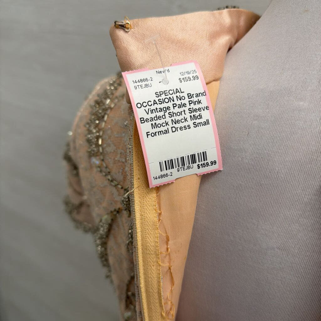 Vintage Pale Pink Beaded Short Sleeve Mock Neck Midi Formal Dress Small