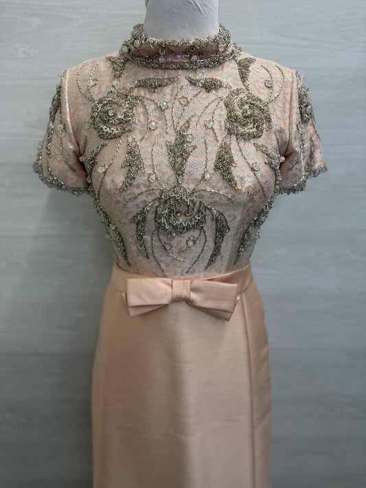 Vintage Pale Pink Beaded Short Sleeve Mock Neck Midi Formal Dress Small