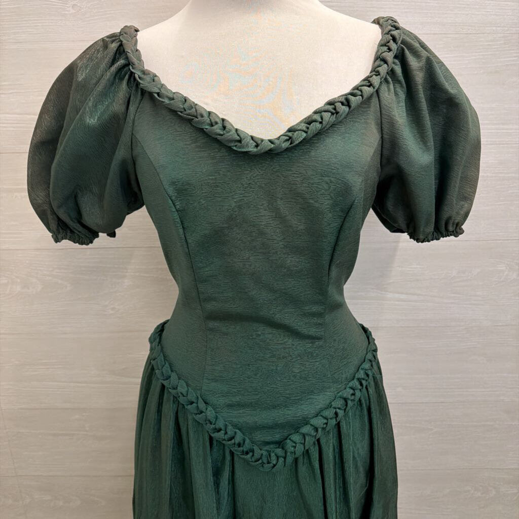 Vintage Green Short Puff Sleeve Braided Detail Long Formal Dress 7/8