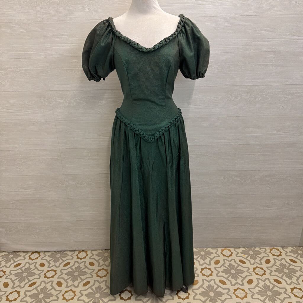 Vintage Green Short Puff Sleeve Braided Detail Long Formal Dress 7/8
