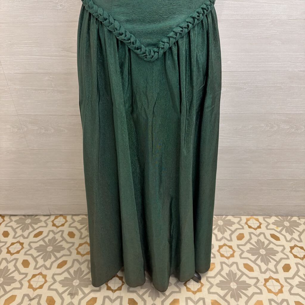 Vintage Green Short Puff Sleeve Braided Detail Long Formal Dress 7/8