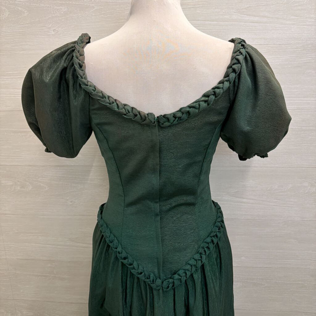 Vintage Green Short Puff Sleeve Braided Detail Long Formal Dress 7/8