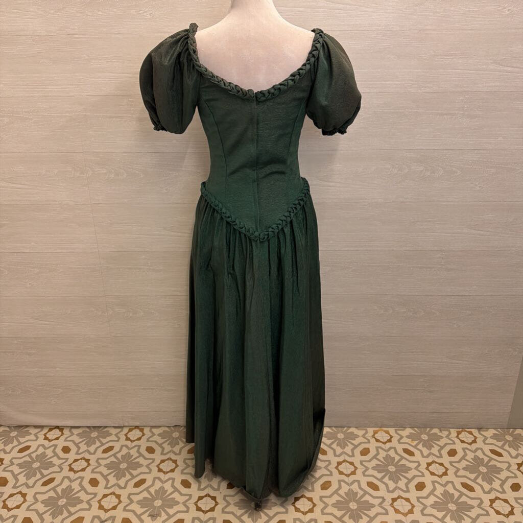 Vintage Green Short Puff Sleeve Braided Detail Long Formal Dress 7/8