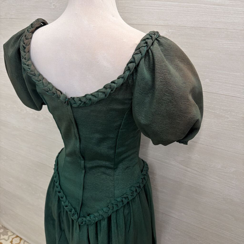 Vintage Green Short Puff Sleeve Braided Detail Long Formal Dress 7/8