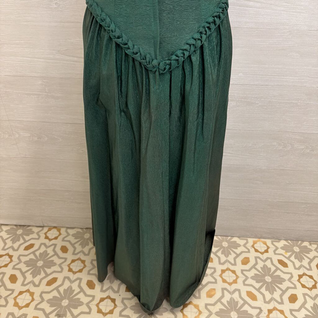 Vintage Green Short Puff Sleeve Braided Detail Long Formal Dress 7/8