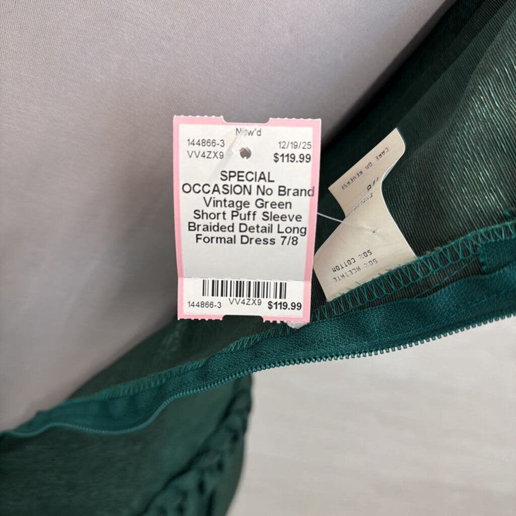 Vintage Green Short Puff Sleeve Braided Detail Long Formal Dress 7/8