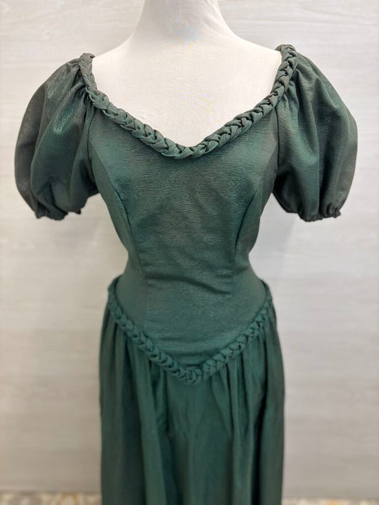 Vintage Green Short Puff Sleeve Braided Detail Long Formal Dress 7/8