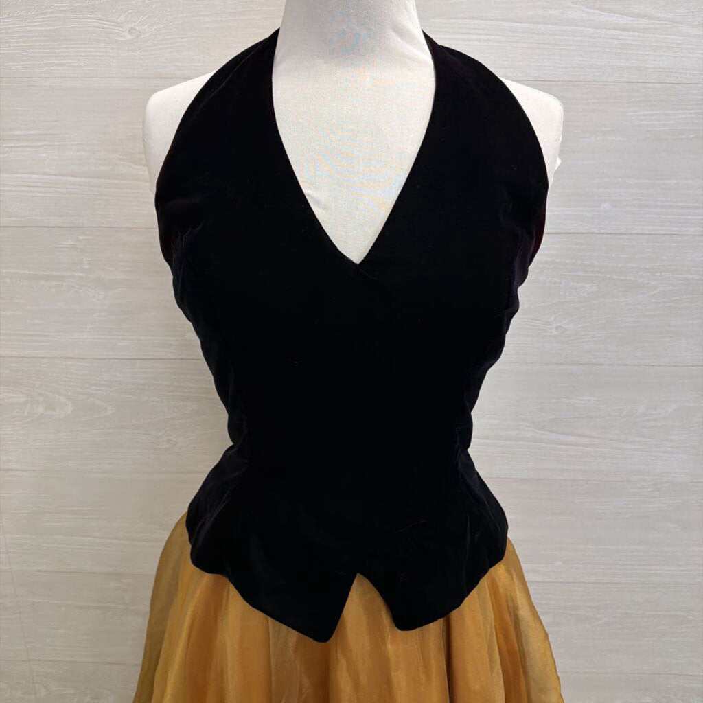 Vintage Dave and Johnny Black Velvet Halter Top Gold Skirt Long Formal Dress 11/12