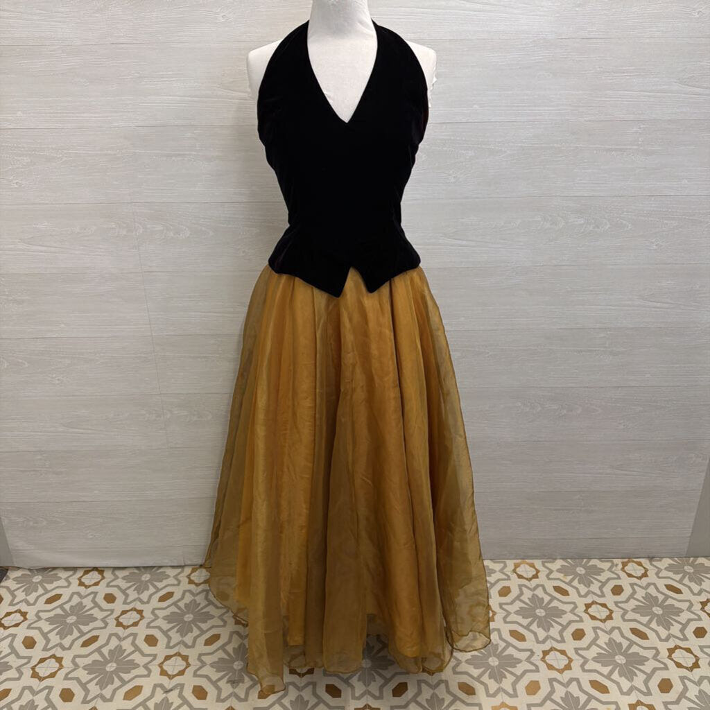 Vintage Dave and Johnny Black Velvet Halter Top Gold Skirt Long Formal Dress 11/12