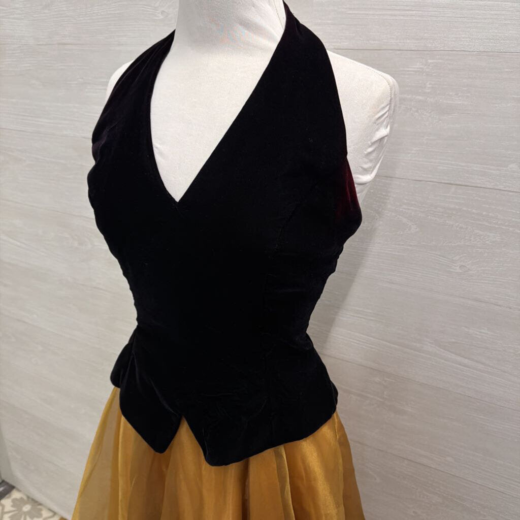 Vintage Dave and Johnny Black Velvet Halter Top Gold Skirt Long Formal Dress 11/12