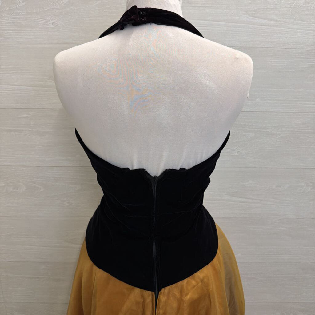 Vintage Dave and Johnny Black Velvet Halter Top Gold Skirt Long Formal Dress 11/12