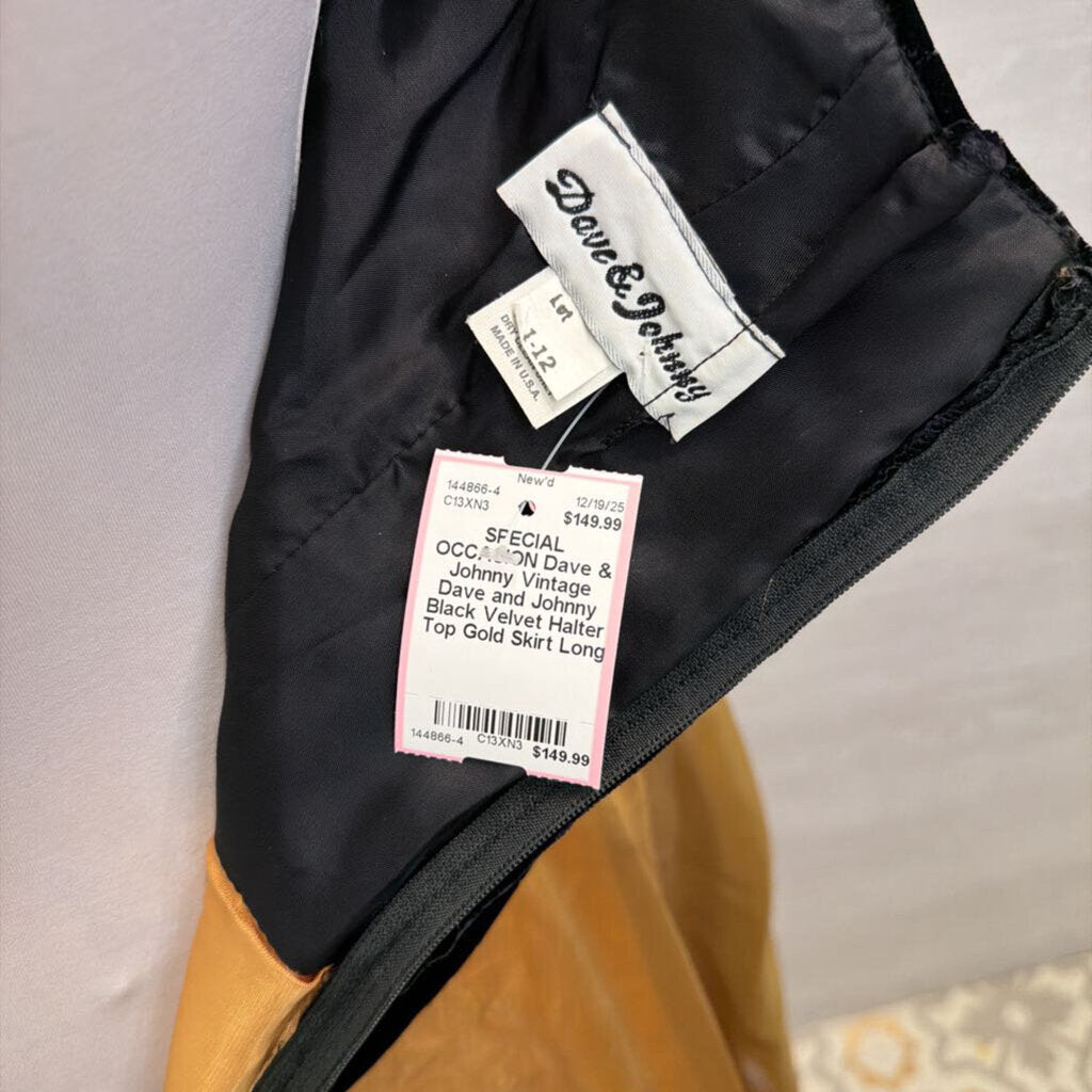 Vintage Dave and Johnny Black Velvet Halter Top Gold Skirt Long Formal Dress 11/12