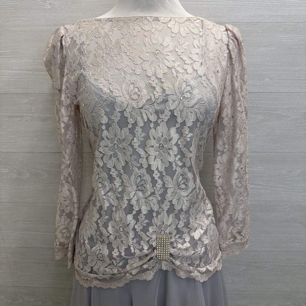 Vintage Grey Lace Long Sleeve Soft Chiffon Skirt Midi Formal Dress Medium