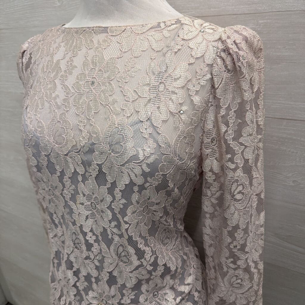 Vintage Grey Lace Long Sleeve Soft Chiffon Skirt Midi Formal Dress Medium