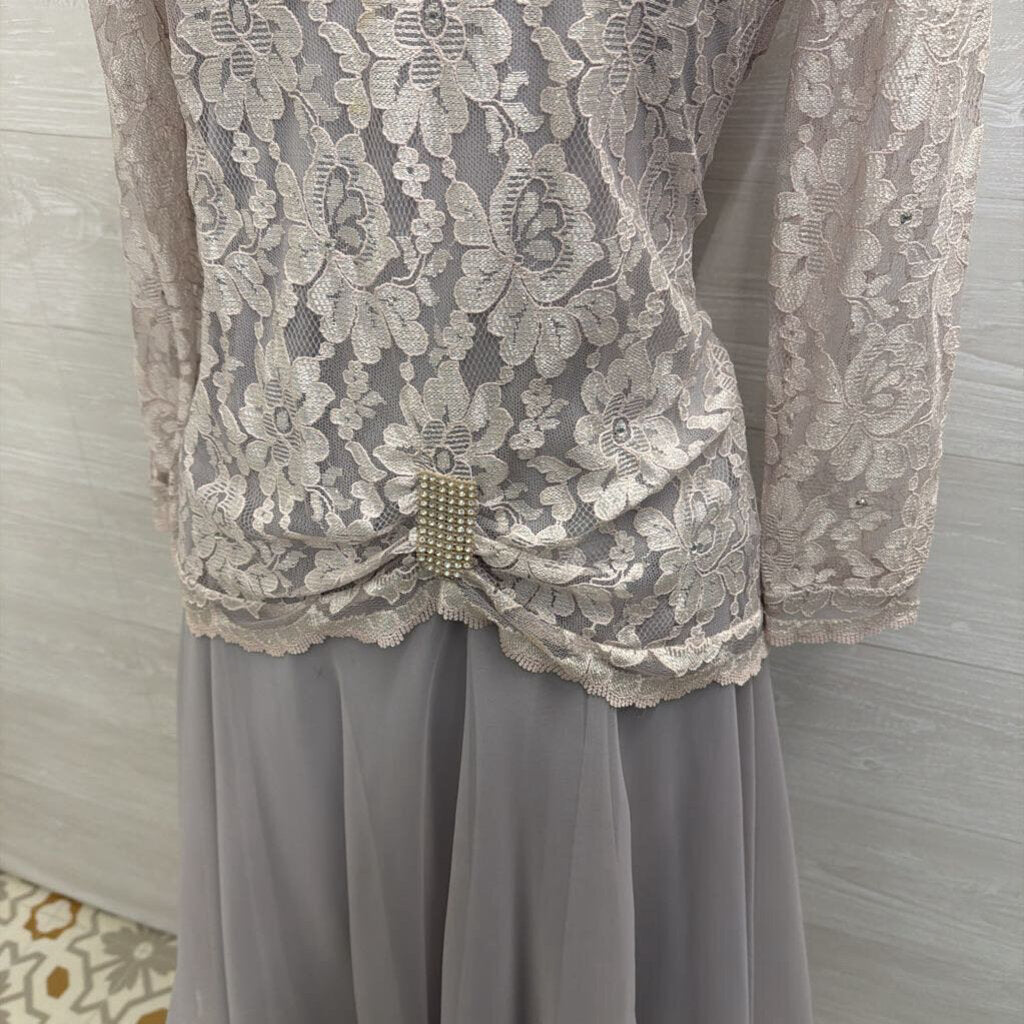 Vintage Grey Lace Long Sleeve Soft Chiffon Skirt Midi Formal Dress Medium