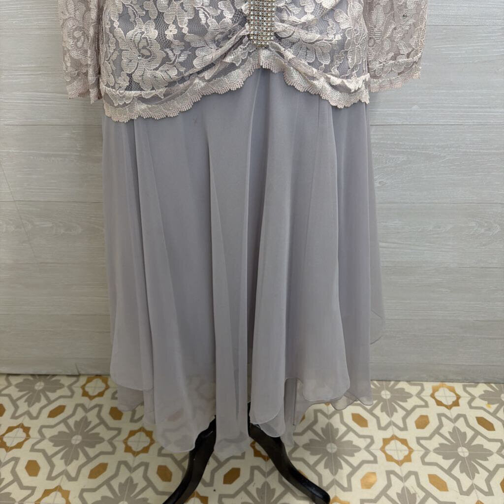 Vintage Grey Lace Long Sleeve Soft Chiffon Skirt Midi Formal Dress Medium