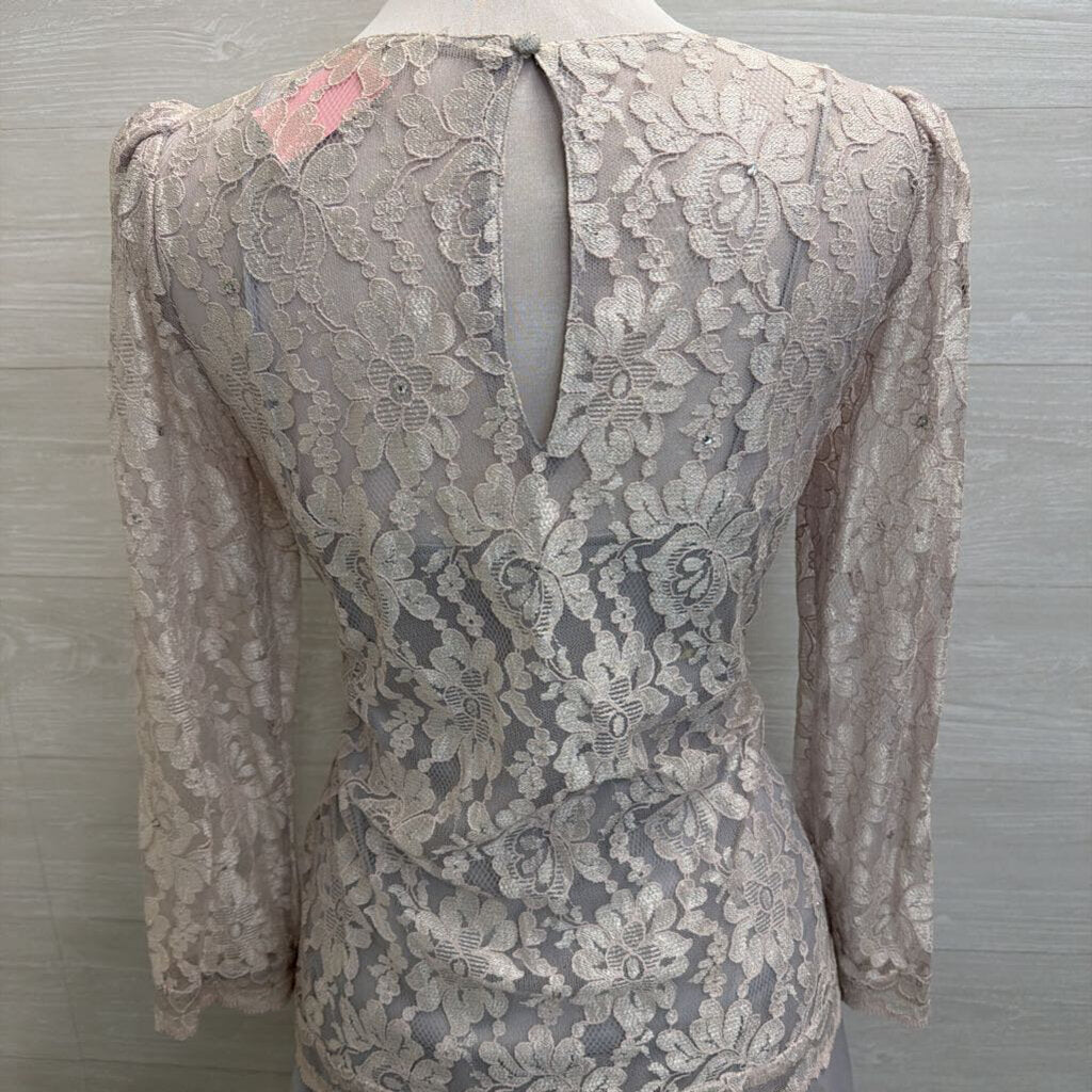 Vintage Grey Lace Long Sleeve Soft Chiffon Skirt Midi Formal Dress Medium