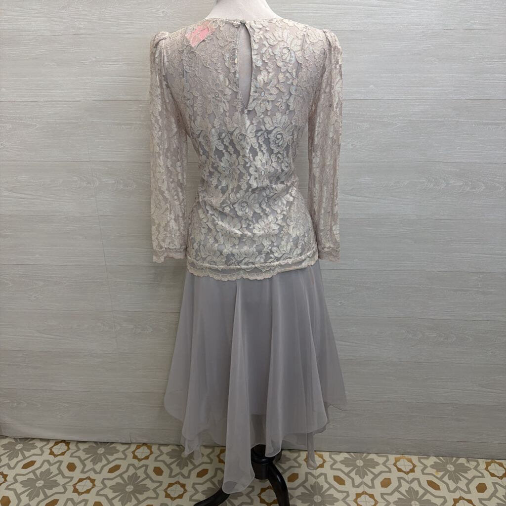 Vintage Grey Lace Long Sleeve Soft Chiffon Skirt Midi Formal Dress Medium