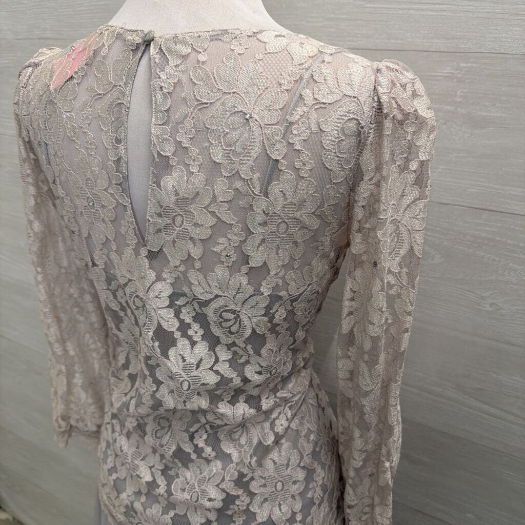 Vintage Grey Lace Long Sleeve Soft Chiffon Skirt Midi Formal Dress Medium