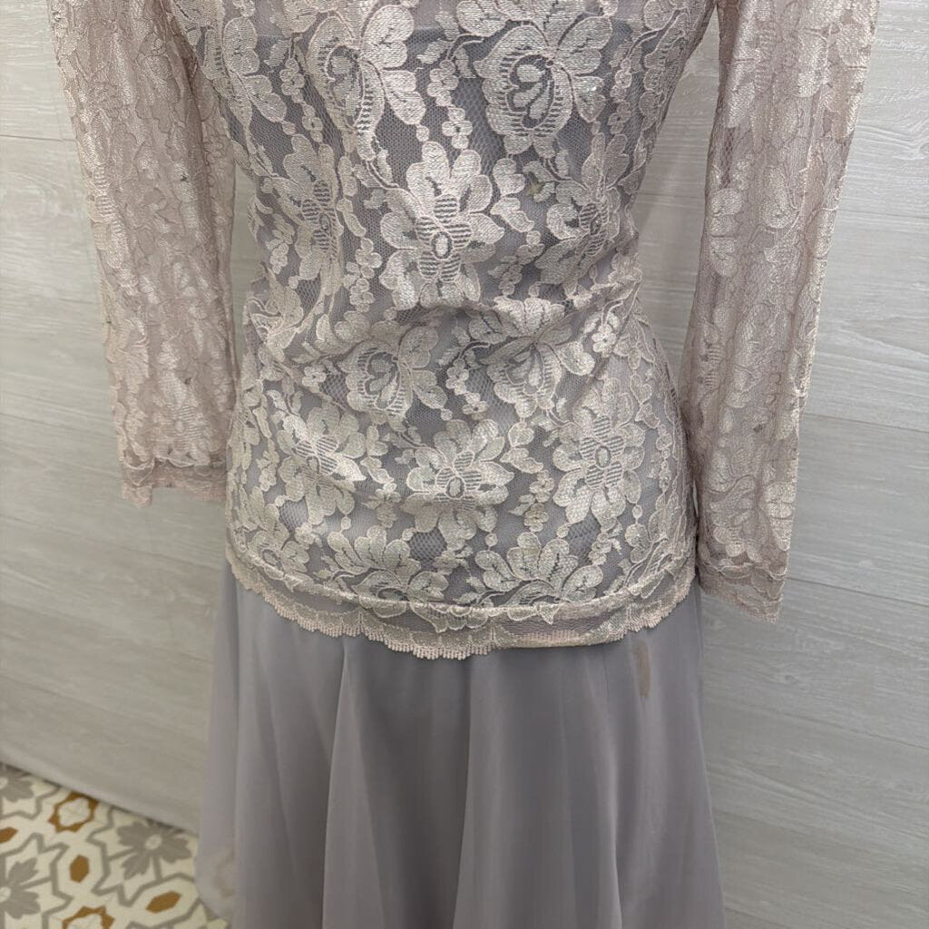 Vintage Grey Lace Long Sleeve Soft Chiffon Skirt Midi Formal Dress Medium